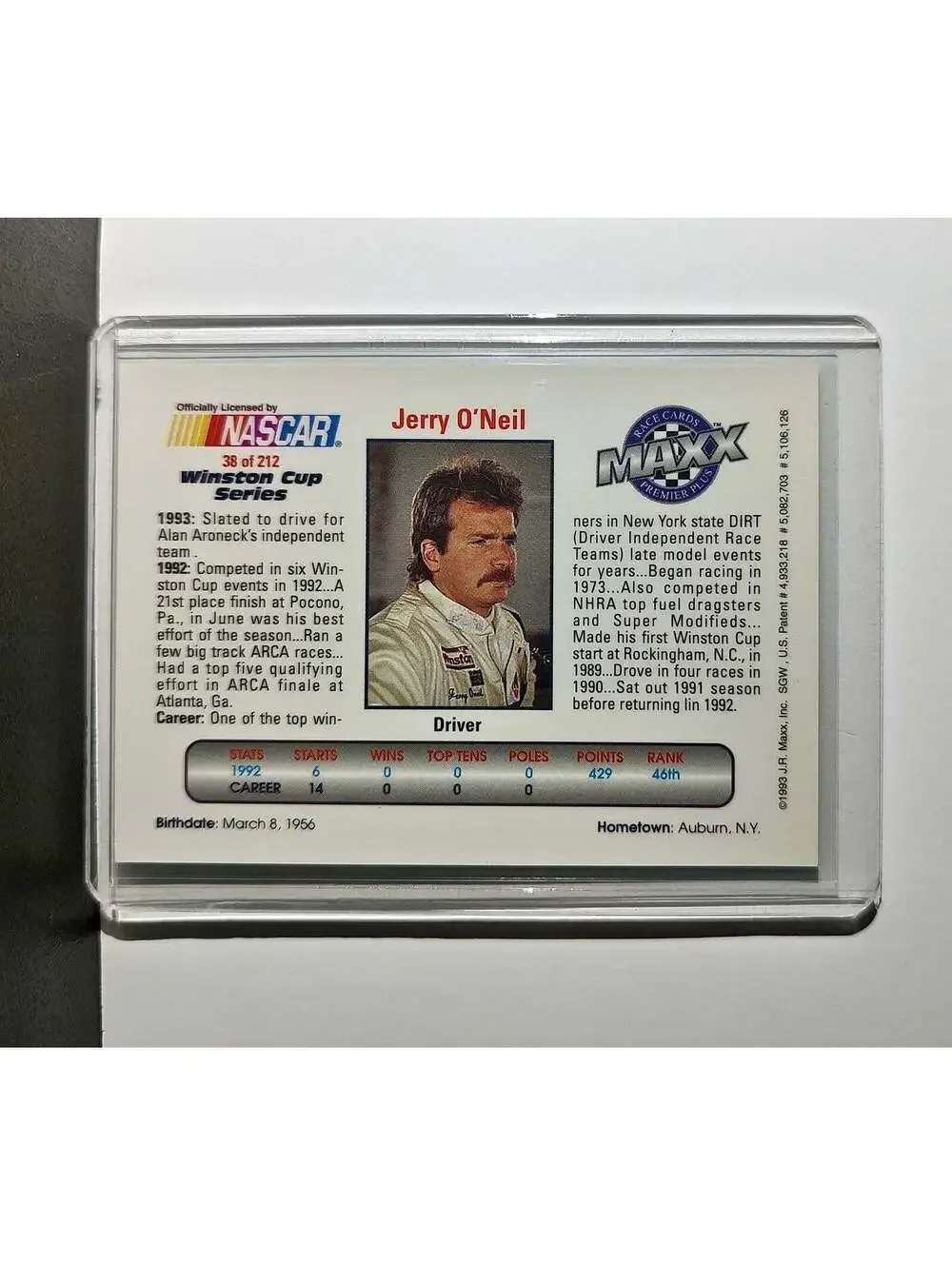 Jerry O'Neil 1993 Maxx Premier Plus Racing #38 NASCAR Card Aroneck Racing
